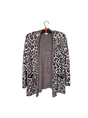 Womens Leopard Print Cardigan Sweater Open Front Pockets Medium Allison Daley